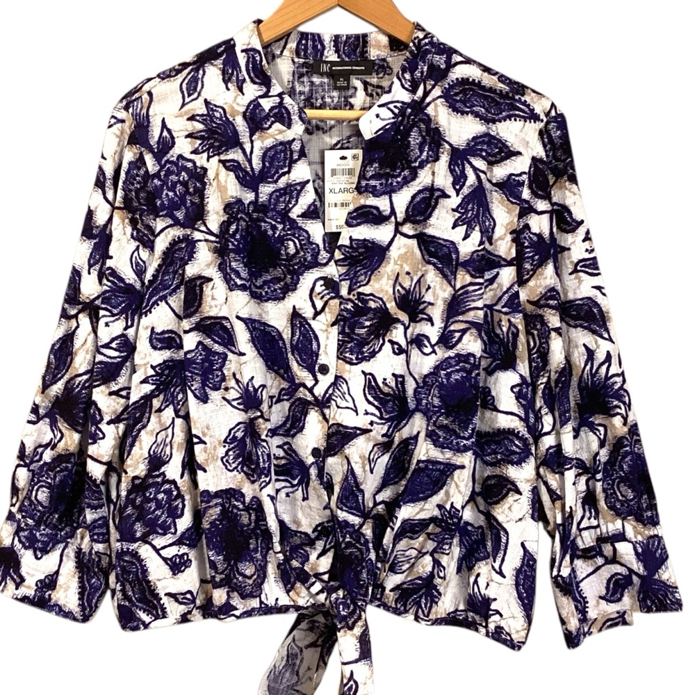 INC International Concepts White and Navy Floral Tie-Front Blouse